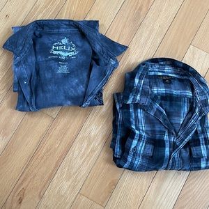 Helix men’s size medium button-down collared shirts. One plaid; one ornate.